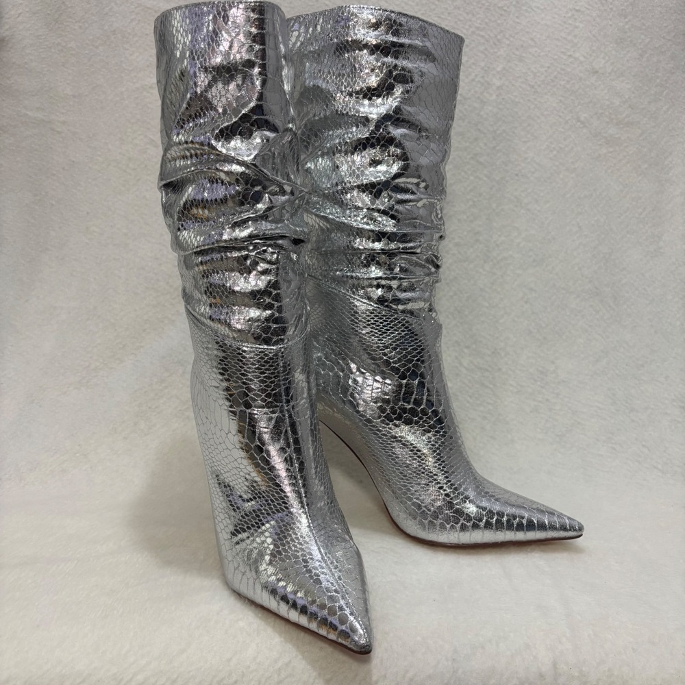 Silver Metallic Snakeskin Embossed Slouchy Mid-Calf Stiletto Boots Pointed Toe